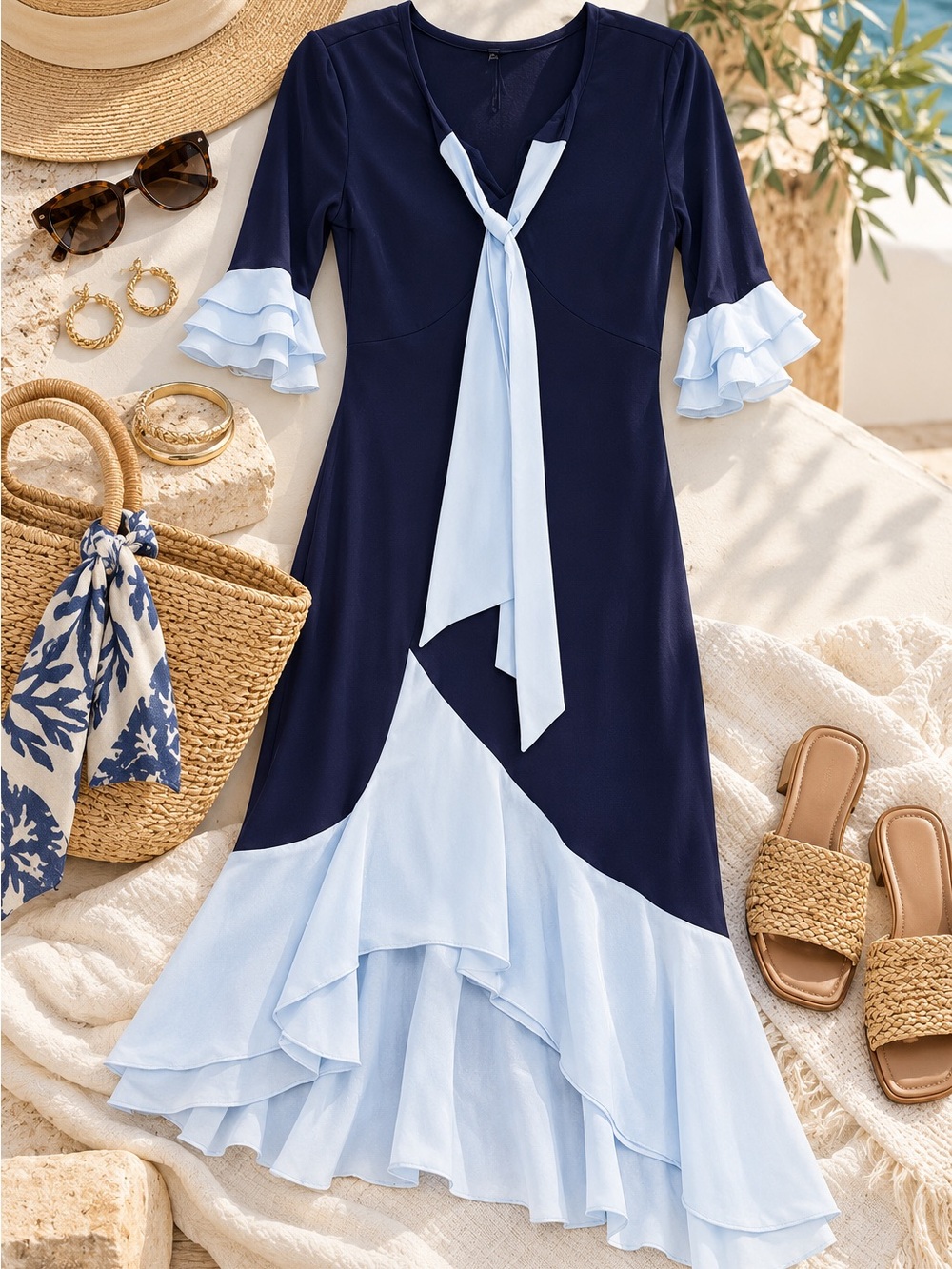 Yacun Navy Blue Colorblock Maxi Dress S Ruffle Bell Sleeve Tie Neck Coastal NWOT